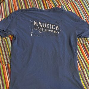 Nautica Men's Navy Blue Graphic Back Logo Tee size large double sided